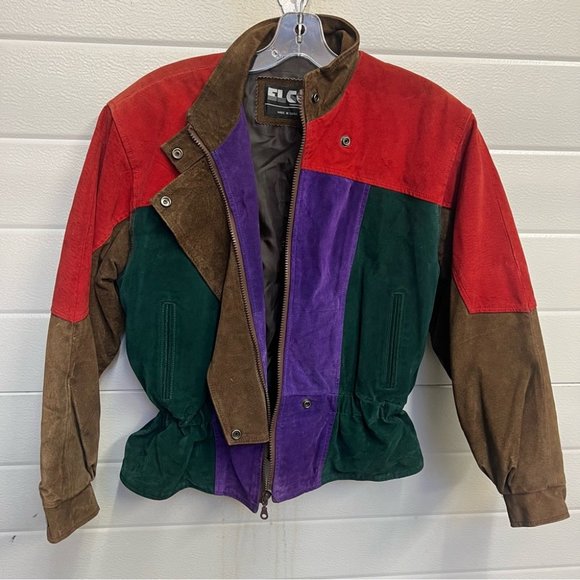VINTAGE LEATHER SUEDE MULTI COLOR BOMBER JACKET 80S - Picture 6 of 12